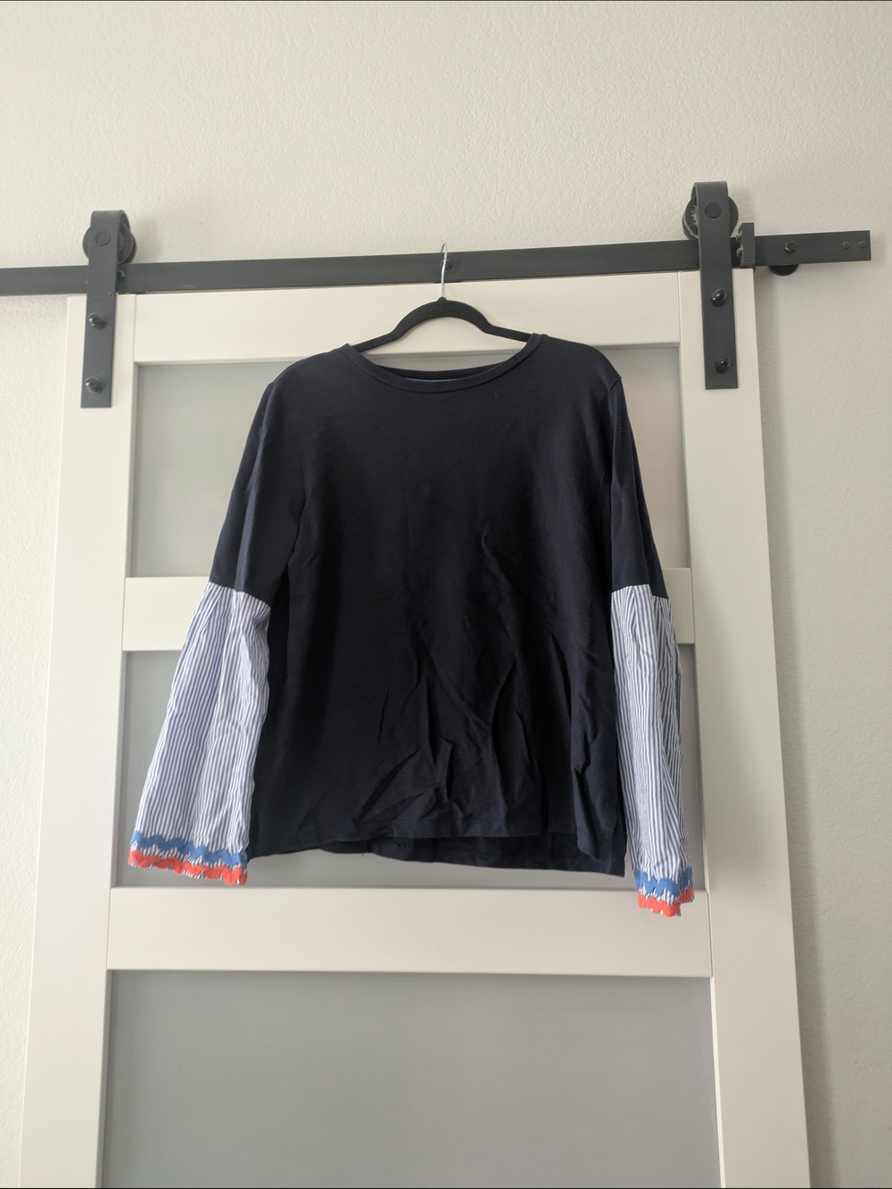 jason maxwell Navy Top with Blue-White Striped Balloon Sleeves and Coral Trim